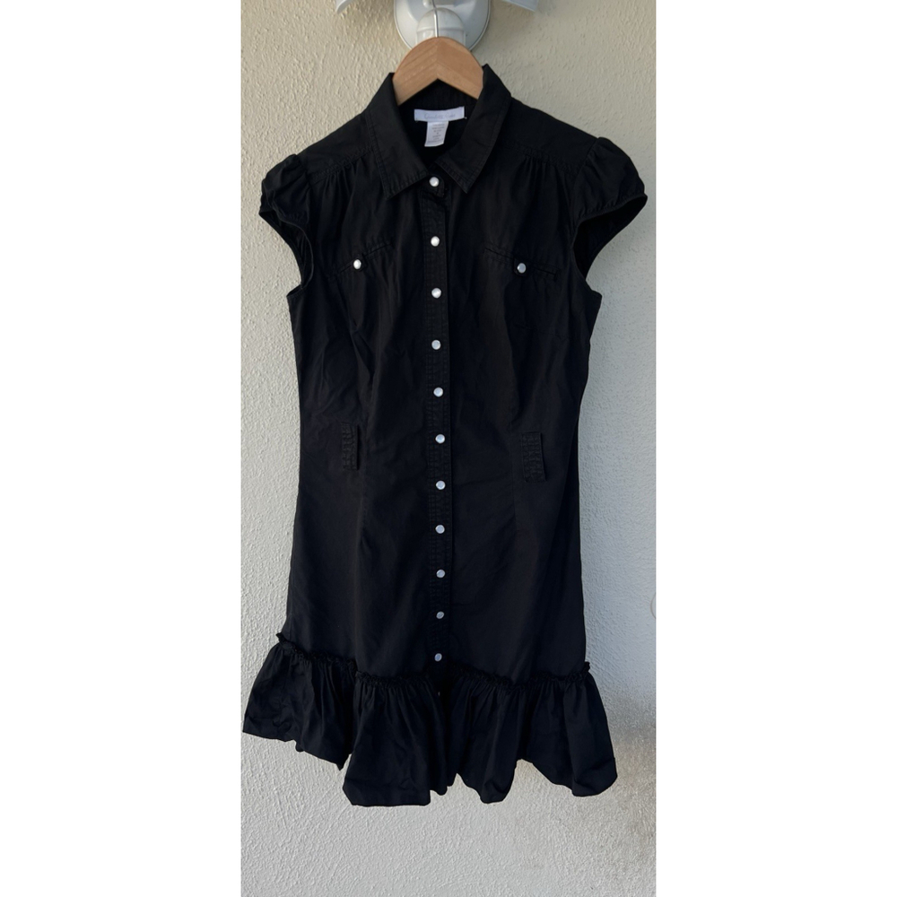VTG Charlotte Russe Black Shirt Mini Dress S Ruffle Button Front Cap Sleeve Prep